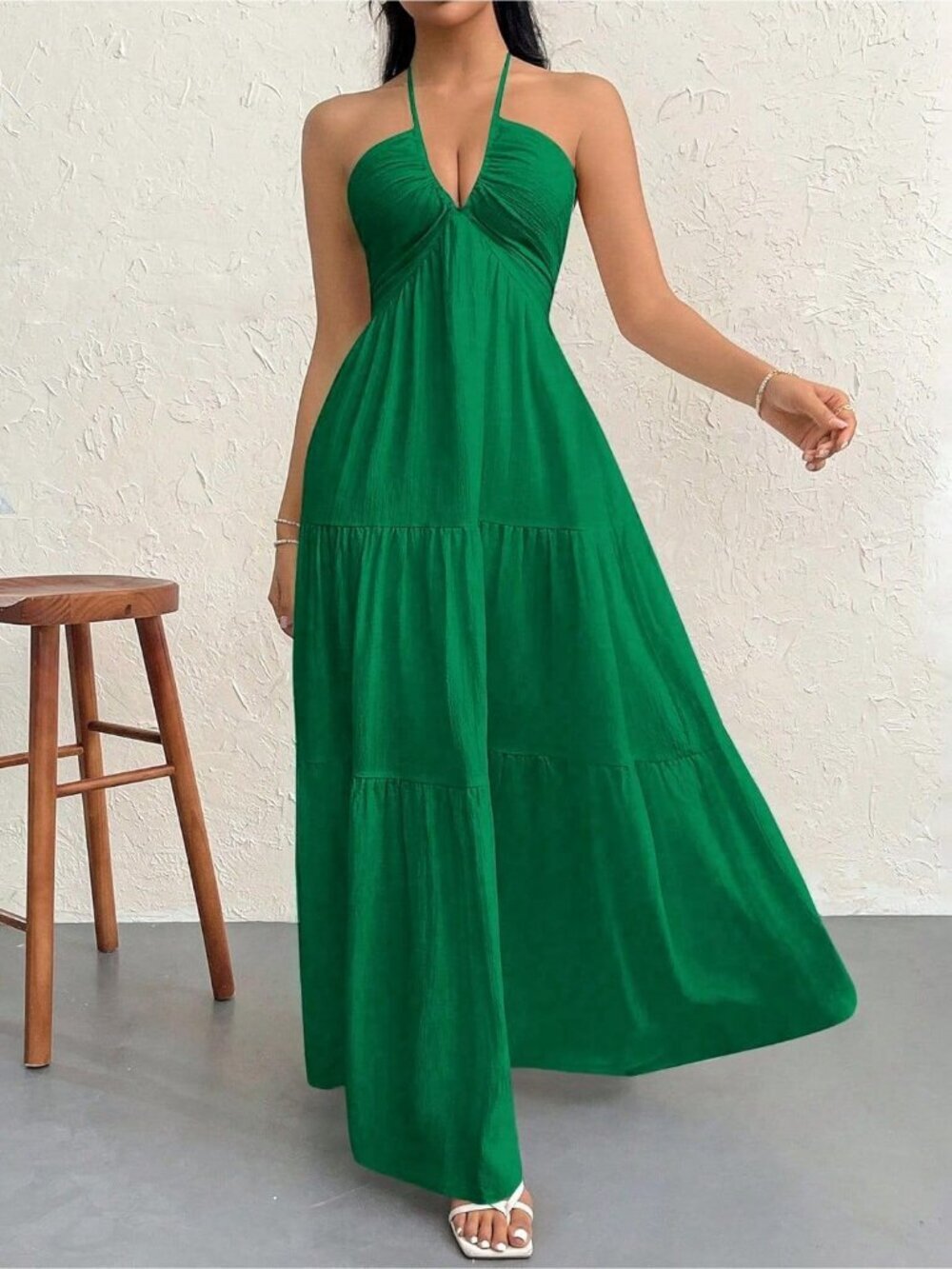 Women's Maxi Summer Dresses Green Halter V Neck Beach Dresses A-Line Dress - Picture 2 of 7